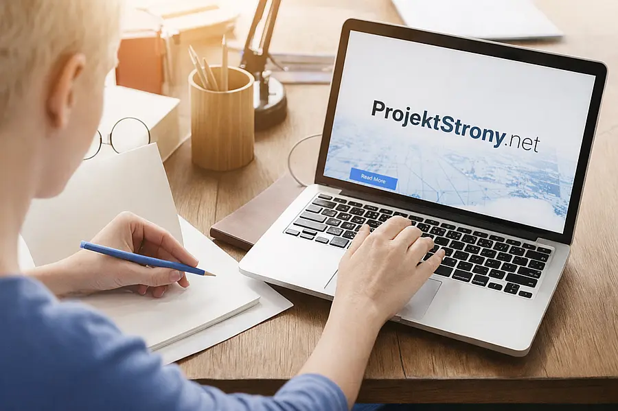 Landing page czy strona firmowa? Co wybrać do reklamy i pozyskiwania klientów Projektowanie stron WWW – praca nad stroną przy laptopie i notatkach